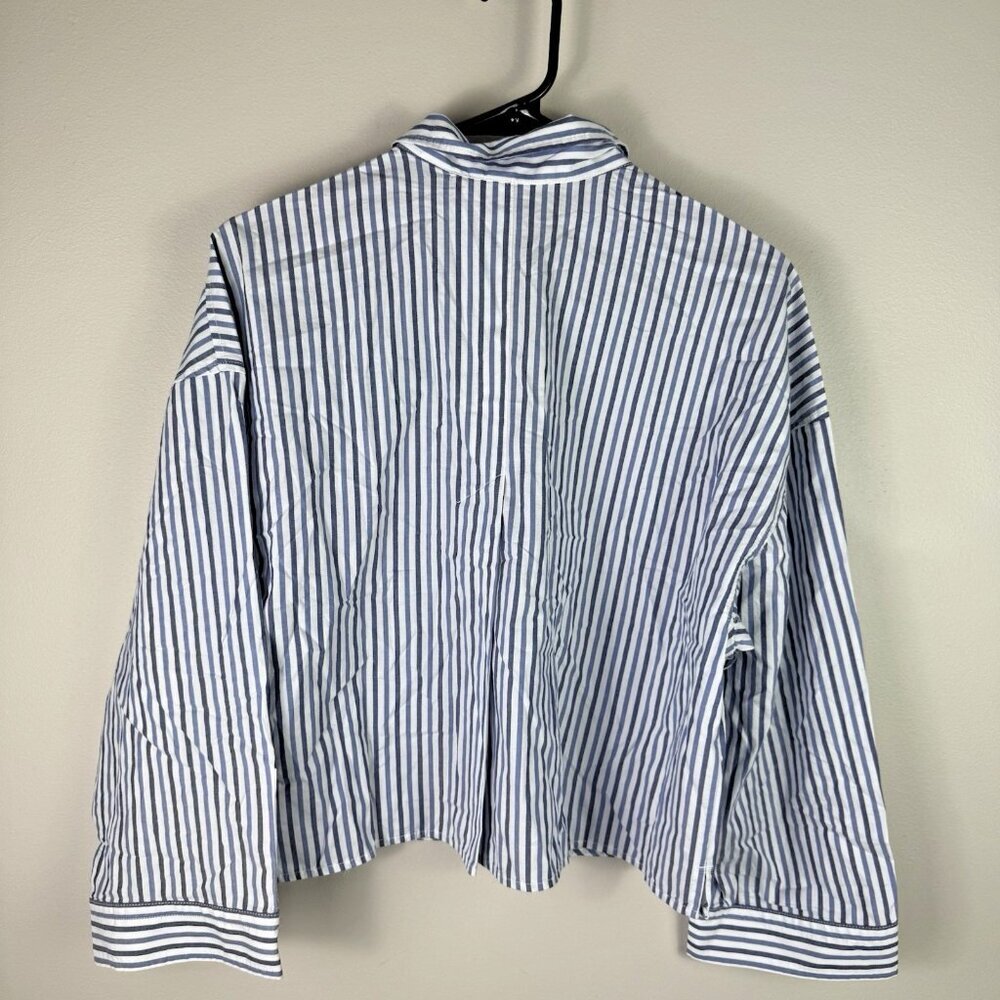 Everlane PJ Cotton Shirt Blue White Stripe Cropped Button Down Top Medium - Picture 9 of 9